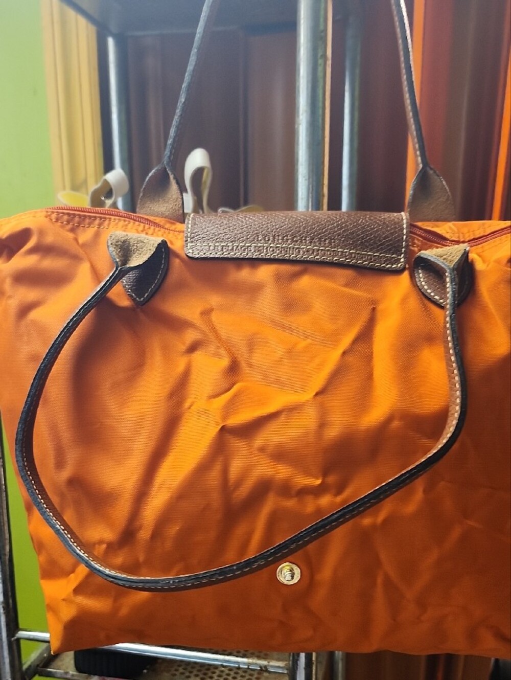 Longchamp Orange Nylon Tote with Brown Trim - Picture 2 of 9